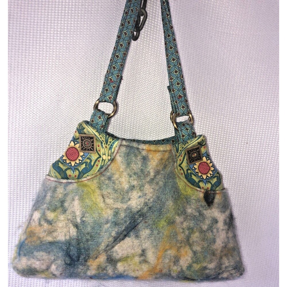 Handmade Felted Wool Handbag Purse Artisan Boho Multicolor Floral, Many Pockets